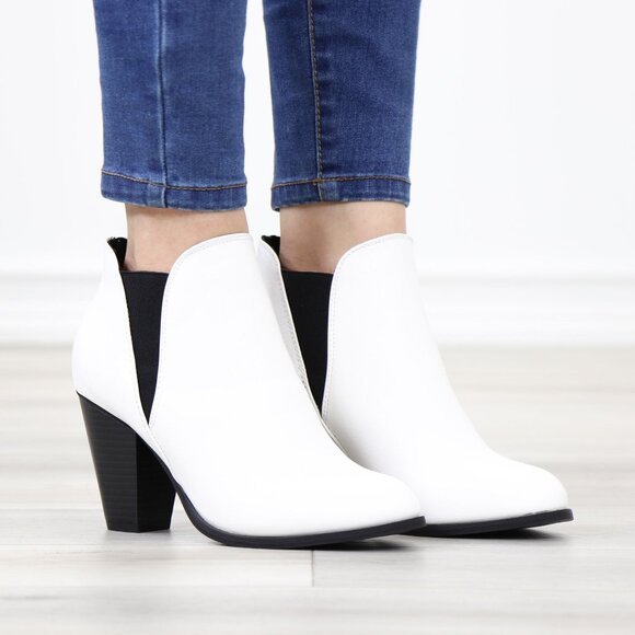 White Ankle Boots Pointed Toe Slip-On Black Elastic Block Heel Booties - Picture 2 of 12